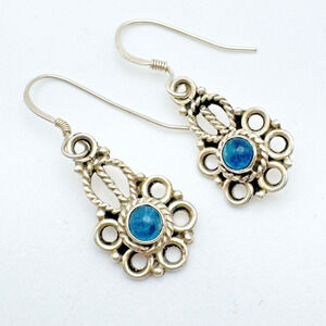 Sterling Silver Blue Glass Earrings Filigree Lightweight 1.25"
